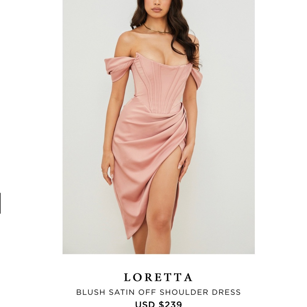 BLUSH SATIN OFF SHOULDER DRESS